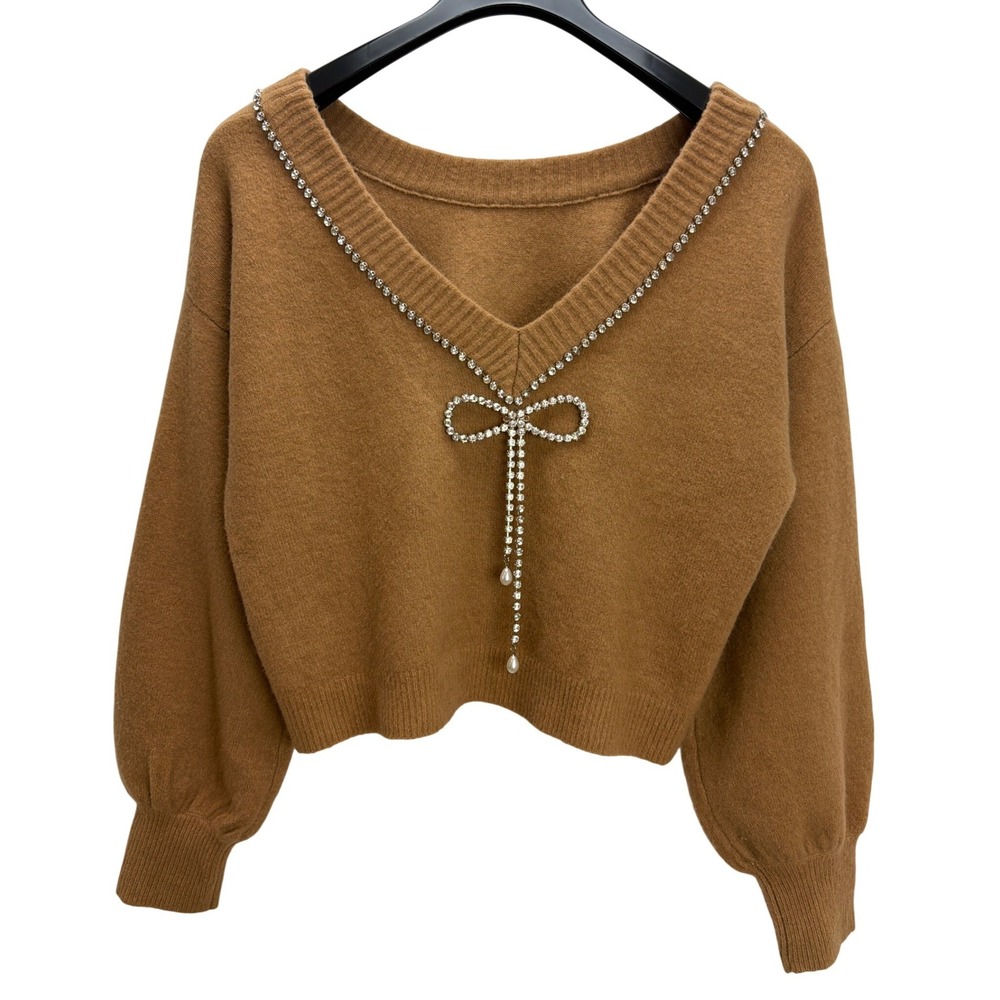 Express Conscious Edit Brown Rhinestone Bow Pearl Cropped Sweater M Reversible